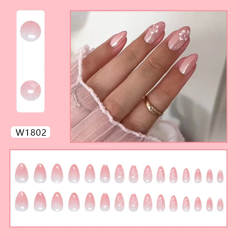 Caramel Flower 24 Pcs Press on Nails Pink Gradient Fake Nails Glossy Artificial Finger Manicure Reusable False Nails for Women