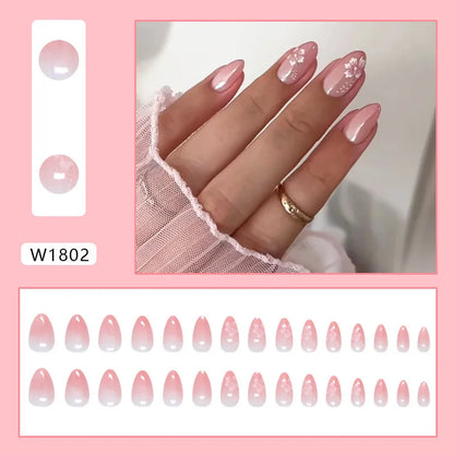 Caramel Flower 24 Pcs Press on Nails Pink Gradient Fake Nails Glossy Artificial Finger Manicure Reusable False Nails for Women