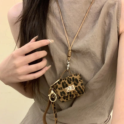 Retro Cute Small Leopard Print Leather Bag Pendant Necklaces for Women Sweater Long Rope Chain Neck Hanging Jewelry Accessory C