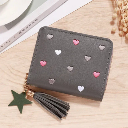 New Long Short Wallet Women's Fashion Credit Card Bag Purse Zipper Handbag Embroidered Heart Mobile Phone Money Coin Bag Case