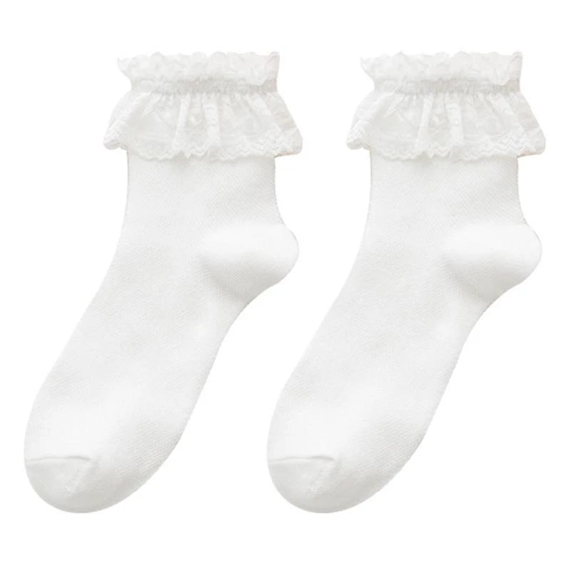Women Lolita Transparent Mesh Crew Socks Sweet Ruffled Lace Trim Bowknot Cute Love Heart Pattern Anime Princess Hosiery