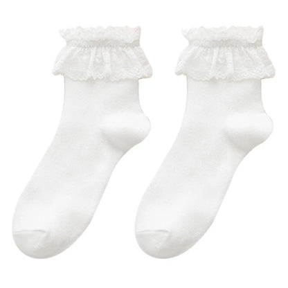 Women Lolita Transparent Mesh Crew Socks Sweet Ruffled Lace Trim Bowknot Cute Love Heart Pattern Anime Princess Hosiery