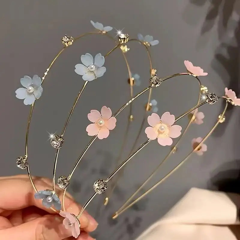 New Double Layer Metal Hairband Flower Pearl Headband for Women Headwear Shiny Rhinestone Hair Band Hoop Hair Accessories