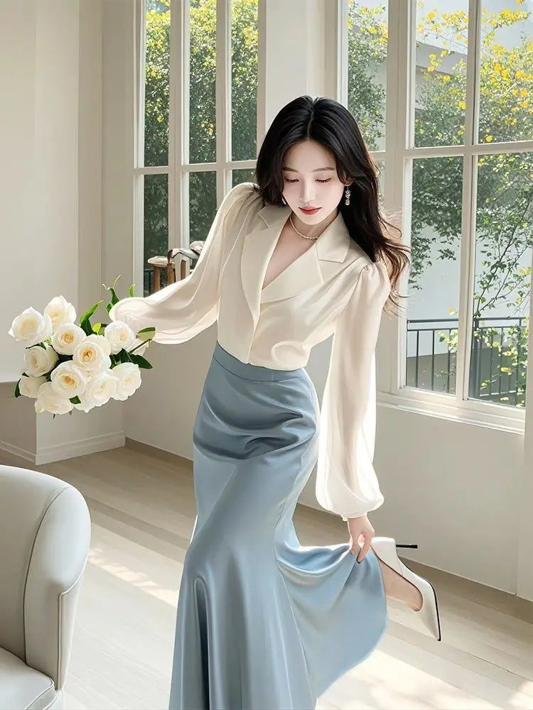 New High End Fashion Two Piece Set Women Elegant Satin Lapel Puff Long Sleeve Shirt + High Waist A-line Skirt Office Lady Suit