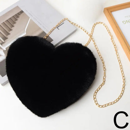 Fashion Women's Heart Shaped Handbags Cute Kawaii Faux Fur Crossbody Bags Wallet Purse Plush Chain Shoulder Bag Lady Handbag