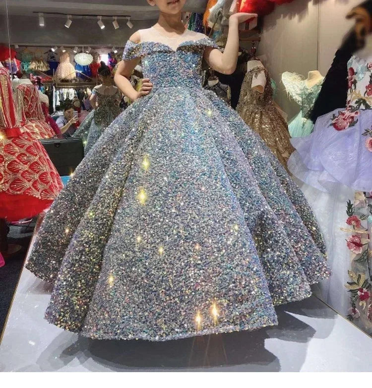 Children's Catwalk Dress Princess Dress New Fluffy Yarn Foreign Style Little Host Piano Performance Sequined Children's Dress