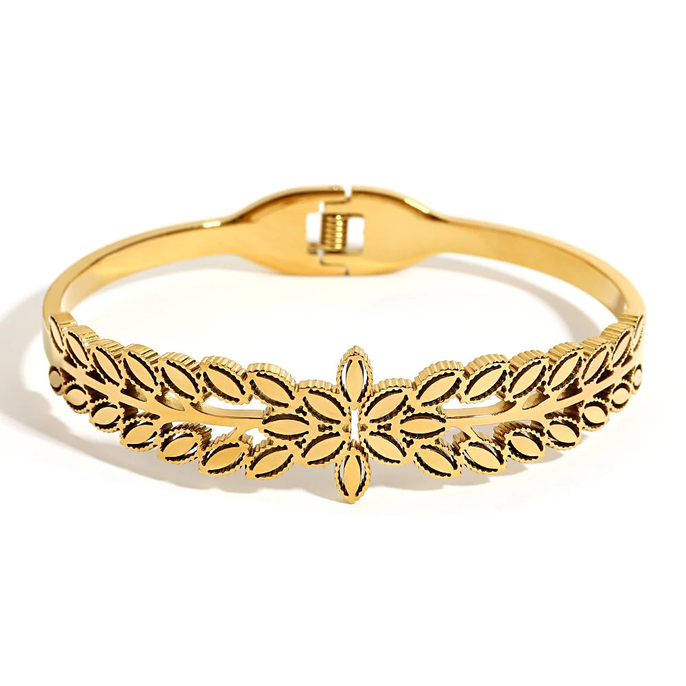 Greatera Irregular Hollow Leaf Flower Decoration Stainless Steel Opens Bracelet For Women Men Cubic Zircon Filled Luxury Bangle