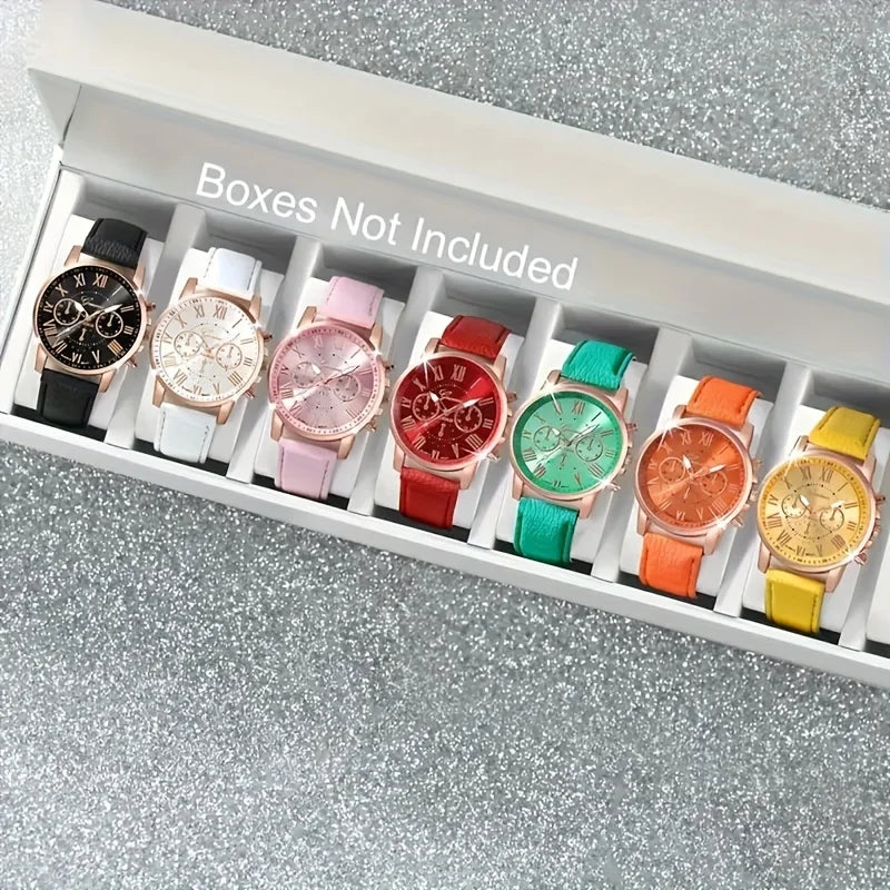 Fashion Quartz Watch 5/10/7/3-Piece Set - Round Zinc Alloy Case with PU Leather Strap