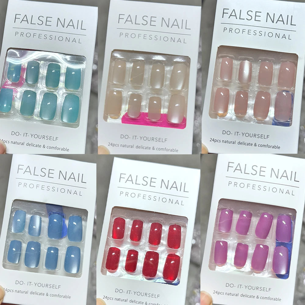24Pcs Short Christmas Red Cat Eye False Nail Tips Glossy Simple Nude Cat Eye Design Press on nails New Year Wearable Fake Nails*