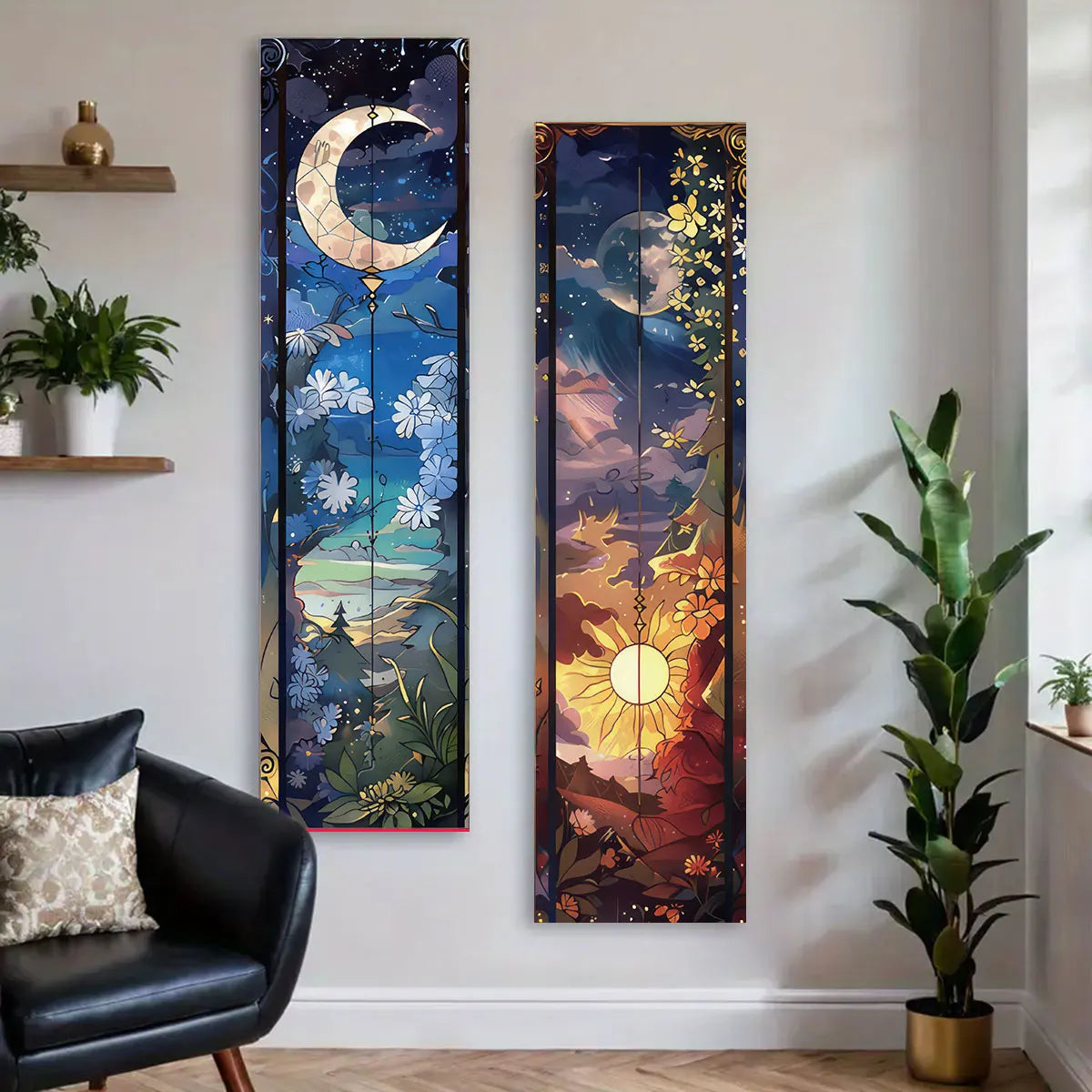 Landscape Vertical Banner Sun And Moon Tapestry Tree of Life Floral Starry Night Wall Decoration Aesthetic Tapestry Home Decor