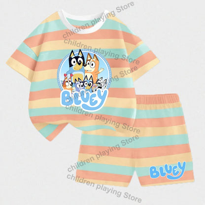 Blueyi Series Child Stripes Sets Summer Girls Boys T-Shirt Shorts Suits Cartoon Bingo Casual Sport Clothes Kids Sleepwear Gifts