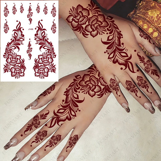 1 Sheet Flower Henna Tattoo Sticker Waterproof Brown Hand Tattoo Sticker For Women Party Body Decals Mehndi Designs