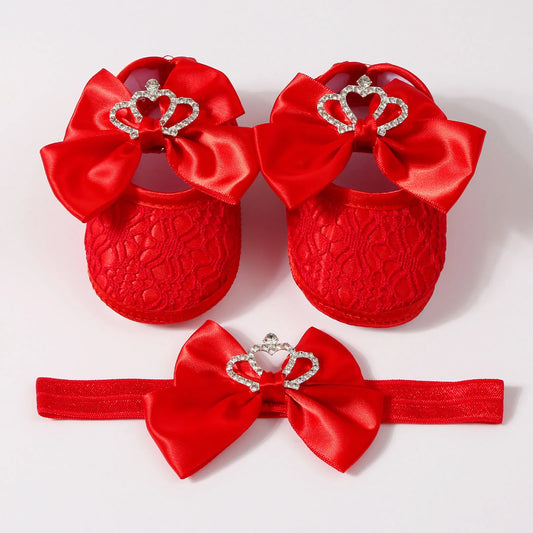 0-12months Baby Girls Princess Shoes Set Crown Bow Decor Lace Shoes for infant girls Soft Non-slip Bottom First Walking Shoes