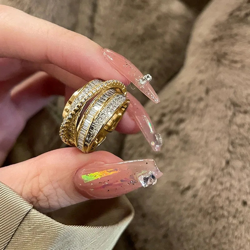 New Trendy Luxury Geometry Shiny Zircon Multi-layered Finger Gold Color Stainless Steel Couple Ring for Women Men Jewelry Gift