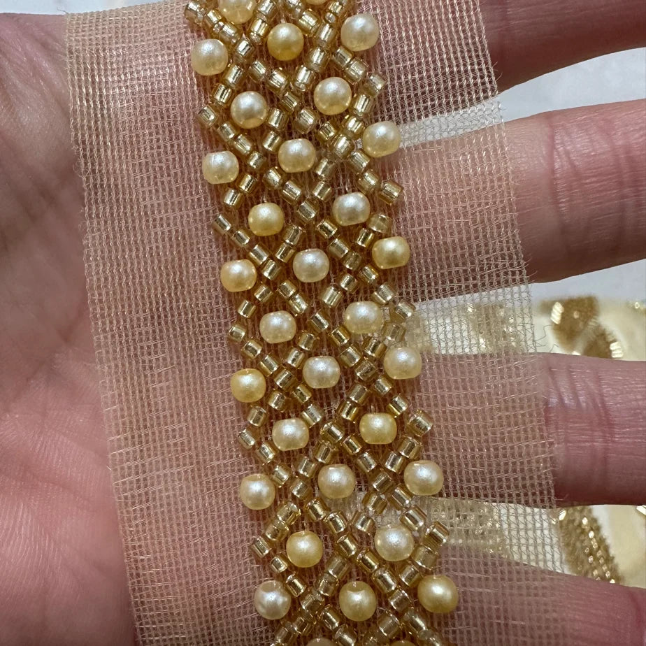90cm Pearl Beaded Lace Trim Ribbon Garment Decoration Applique Trimming Gold Sequin Tape DIY Sewing Fabric Material Accessories