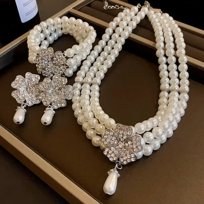 Flower Party Necklaces Women French Luxury Imitation Pearl Multi-layer Necklaces Bracelet Earrings Shiny Rhinestone Jewelry Sets