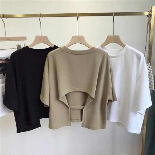 Short Backless T-shirt Women Sweet Spicy Style Summer Round Neck Loose Short Sleeve Top Trendy Korean Style Milk Silk Fabric
