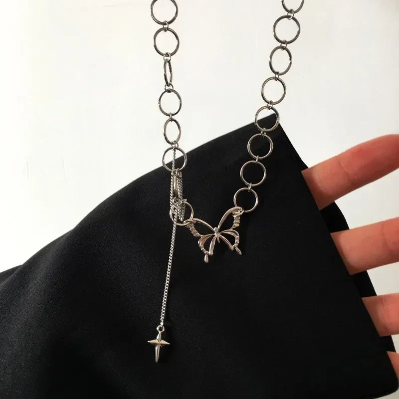 Hip Hop Butterfly Pendant Tassel Choker Necklace for Women Teens Girls Punk Link Chain Y2K Necklace Party Daily Fashion Jewelry