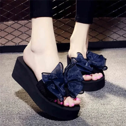 Women Bow Summer Sandals Slipper Indoor Outdoor Beach Shoes Summer Women's Shoes Flip Flops on The Platform
