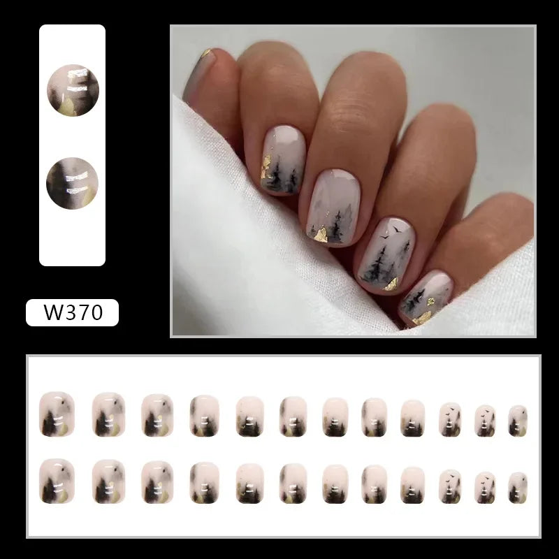 Fresh Green Tea 24 Pcs Fake Nail with Jelly sticker Press on False Nails Wearable Round Head Oval Full Cover Nail Tips