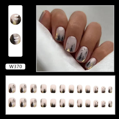 Fresh Green Tea 24 Pcs Fake Nail with Jelly sticker Press on False Nails Wearable Round Head Oval Full Cover Nail Tips
