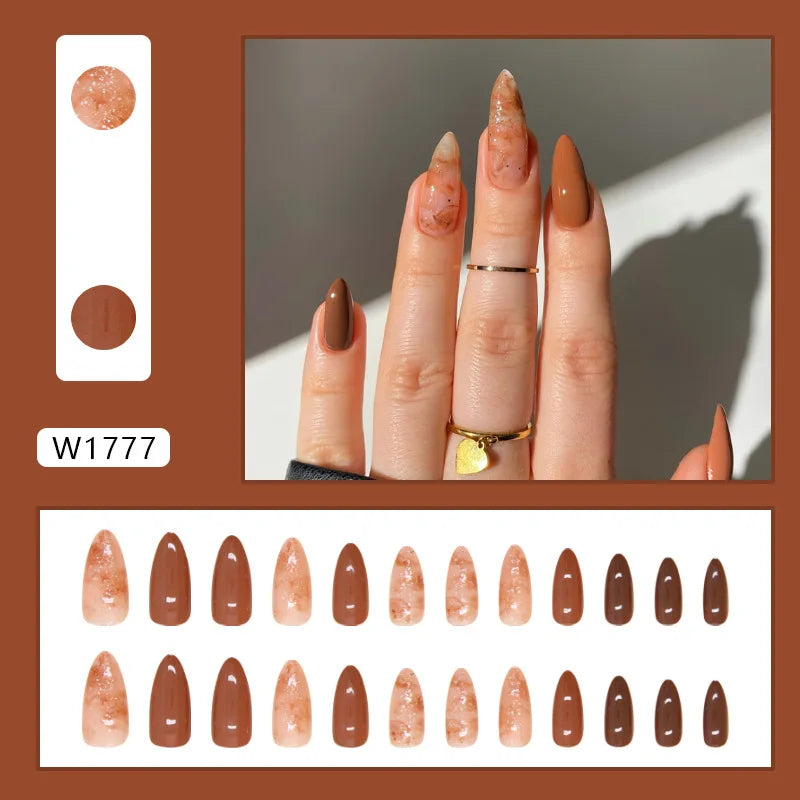 Caramel Flower 24 Pcs Press on Nails Pink Gradient Fake Nails Glossy Artificial Finger Manicure Reusable False Nails for Women