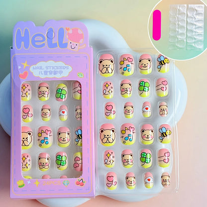 24PC/Box Children's Press On Nails With Jelly Glue Girl's Colorful Cartoon Full Cover Bear Bunny Cat Pattern Fake Nail FalseNail