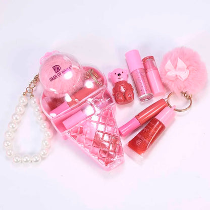 Cute Ice Cream Bear Lip Gloss Set Keychain Lip Gloss Waterproof Longlasting Girls Lips Makeup