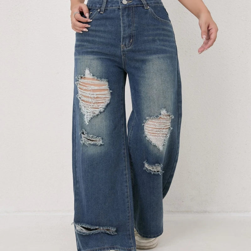 Autumn and Winter Trendy High-waisted Ripped Loose Wide-leg Straight-leg Jeans for Women Casual Fashionable and Versatile