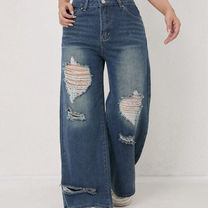Autumn and Winter Trendy High-waisted Ripped Loose Wide-leg Straight-leg Jeans for Women Casual Fashionable and Versatile