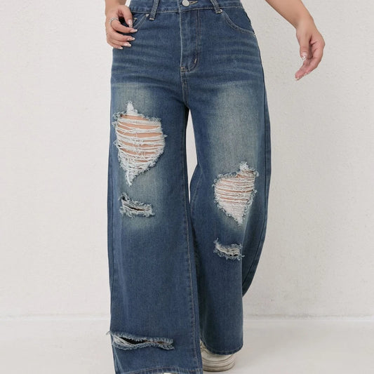Autumn and Winter Trendy High-waisted Ripped Loose Wide-leg Straight-leg Jeans for Women Casual Fashionable and Versatile