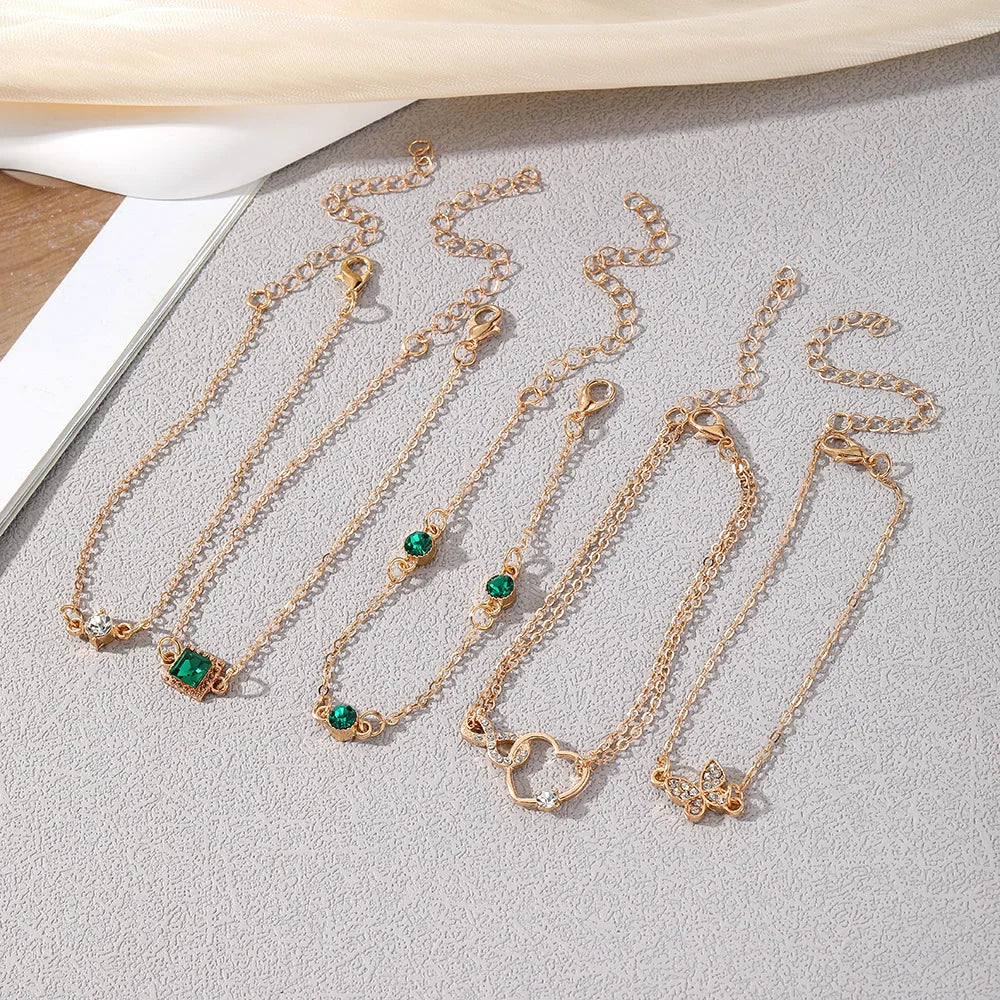New Luxurious Geometry Square Green Crystal Bracelets Women Fashion Exquisite Butterfly Love Heart Metal Bracelets Set Jewelry