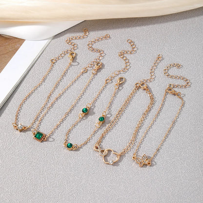 New Luxurious Geometry Square Green Crystal Bracelets Women Fashion Exquisite Butterfly Love Heart Metal Bracelets Set Jewelry