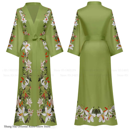 Elegant Print Flower Women Long Robe Loungewear Silky Satin Kimono Bathrobe Gown Spring Autumn New Sleepwear Home Dress Negligee