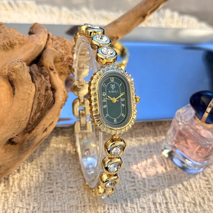 New Arrival Elegant Oval Shape Compact Gold Watch for Women Vintage Elegance Luxury Diamond Embedded Bracelet Quartz Wristwatch