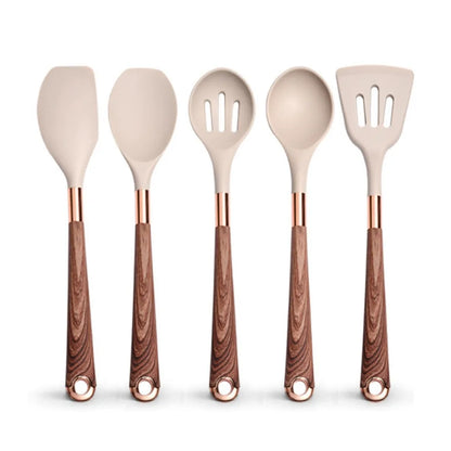 Silicone Cooking Utensils Set Non-Scratch Non-Stick Heat Resistant Spatula Spoon Rose Gold Handle With Bucket Kitchen Gift