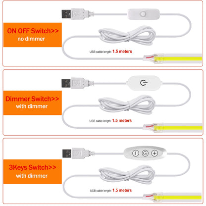 Dimmable COB LED Strip Light 5V USB Flexible LED Tape with ON OFF Switch 320LEDs High Density Linear Lighting with Adhesive Tape