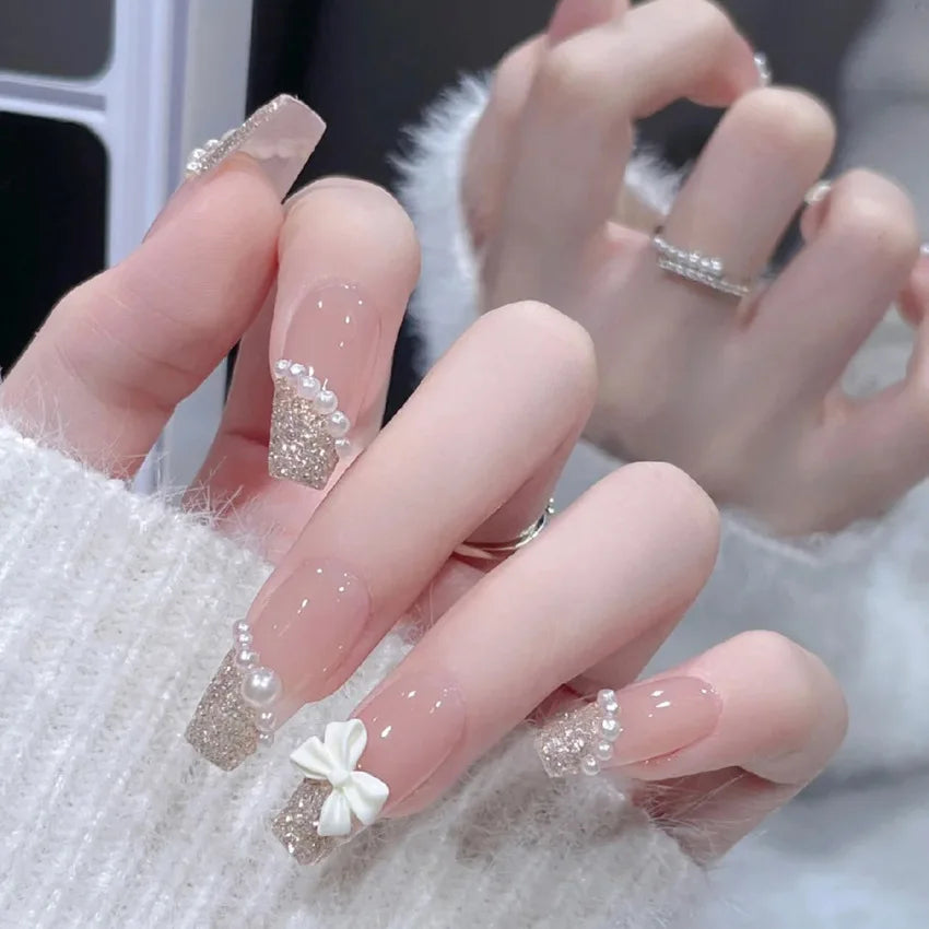 24Pcs/Set Pink Bow French Fake Nails Art Cute with Diamonds Girls Reusable Ballet Press on Nail Tips Oval Acrylic Stick on Nails