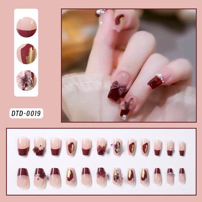 24Pcs White French Square Press on Nails with 3D Bowknot Full Cover Short False Nail Wearable Fake Fingertip for Women&Girls DIY