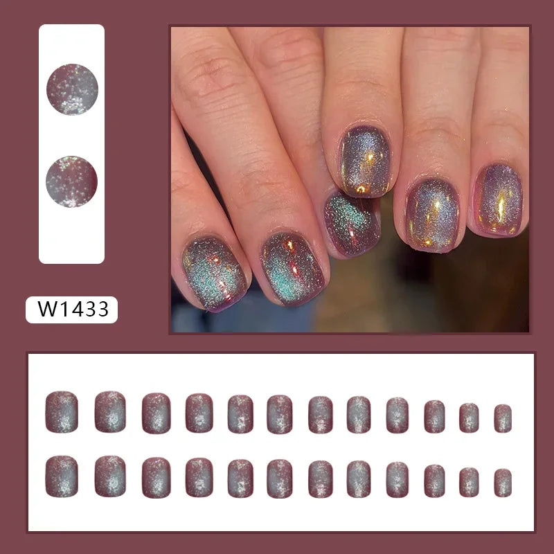 Fresh Green Tea 24 Pcs Fake Nail with Jelly sticker Press on False Nails Wearable Round Head Oval Full Cover Nail Tips
