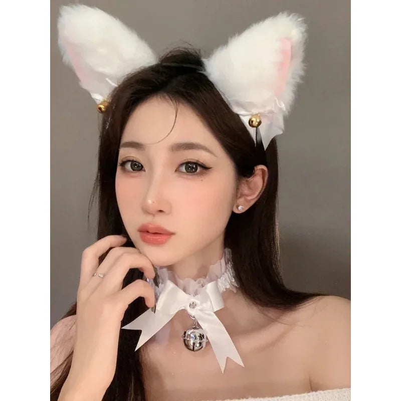 Sexy Cat Ear Bow Headband Necklace Plush Bell Hairband Girl Hairhoop Headwear Costume Accessory for Cosplay Masquerade