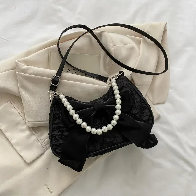 New Pearl Female Bag Retro Handbag Bow Crossbody Bags Fashion Canvas Women's 2025 Trend Shoulder Bag Purses for Girl