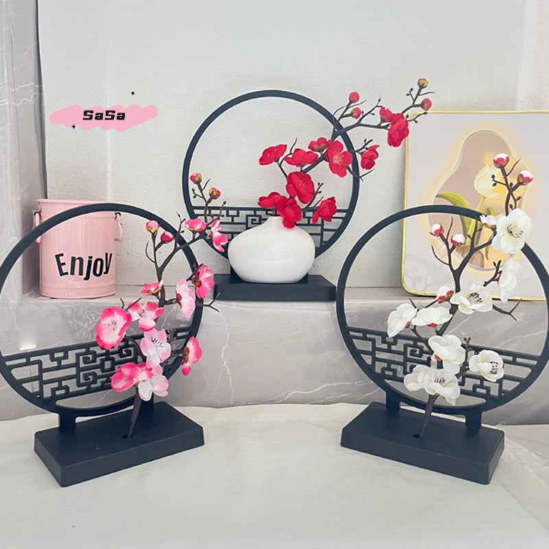 1Pc 15cm Elegant Artificial Plum Blossom Bonsai Set with Screen Base Chinese-Inspired Home & Office Decor Includes Pot