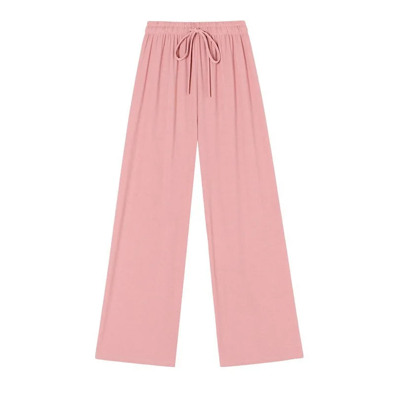 Spring Summer Ice Silk Fitness Wide Leg Pleated Straight Pants Women High Elastic Drawstring Solid Full Trousers JYZZ-AL5718
