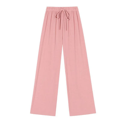 Spring Summer Ice Silk Fitness Wide Leg Pleated Straight Pants Women High Elastic Drawstring Solid Full Trousers JYZZ-AL5718