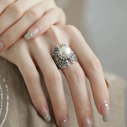 Retro silver 925 Ethnic Style Embossed Tang Grass Pattern Shield Pearls rings for women Adjustable Charms Ring banquet Jewelry