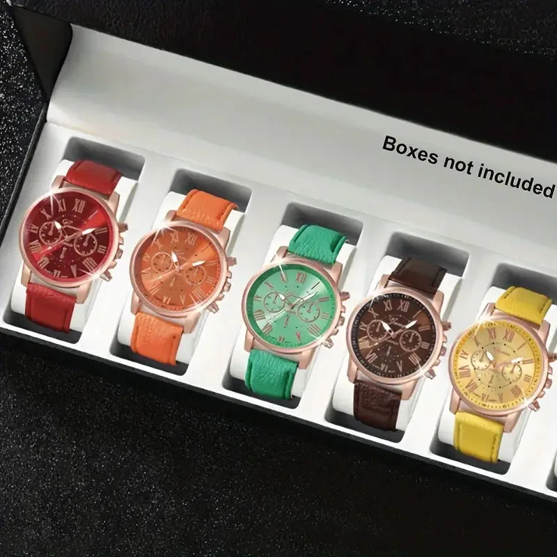 Fashion Quartz Watch 5/10/7/3-Piece Set - Round Zinc Alloy Case with PU Leather Strap