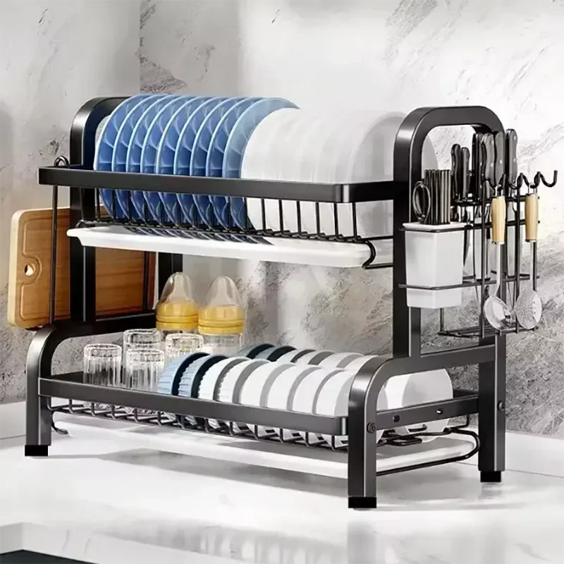 2025 New 2-Tier Stainless Steel Dish Drainer Compact Kitchen Organizer with Utensil Holder Rustproof Countertop Storage
