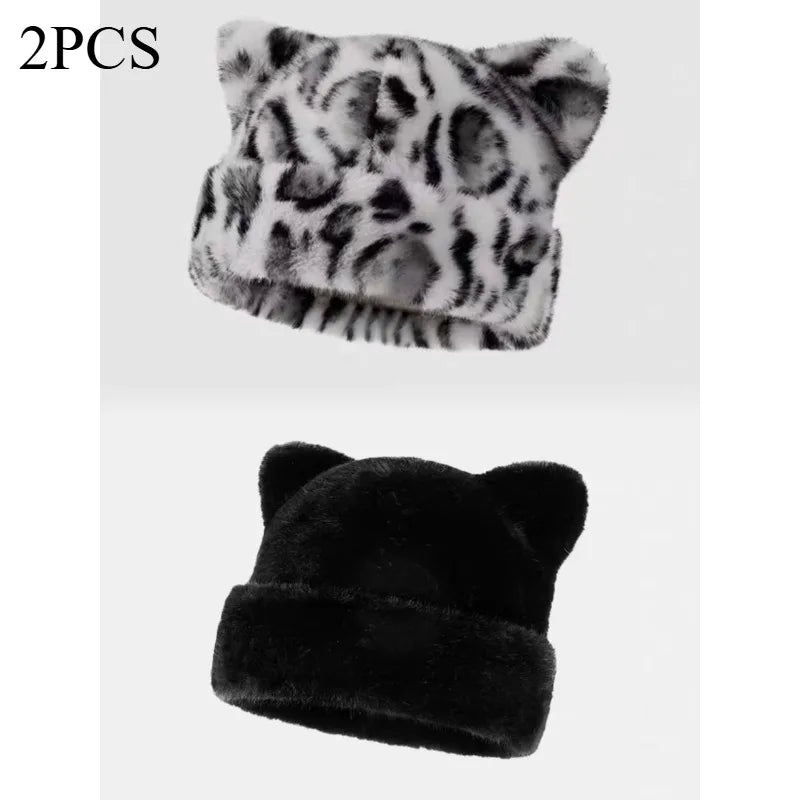 Leopard print plush teddy bear hat for women, sweet and cute, thick and warm, retro and versatile, hooded beanie.