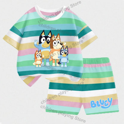 Blueyi Series Child Stripes Sets Summer Girls Boys T-Shirt Shorts Suits Cartoon Bingo Casual Sport Clothes Kids Sleepwear Gifts